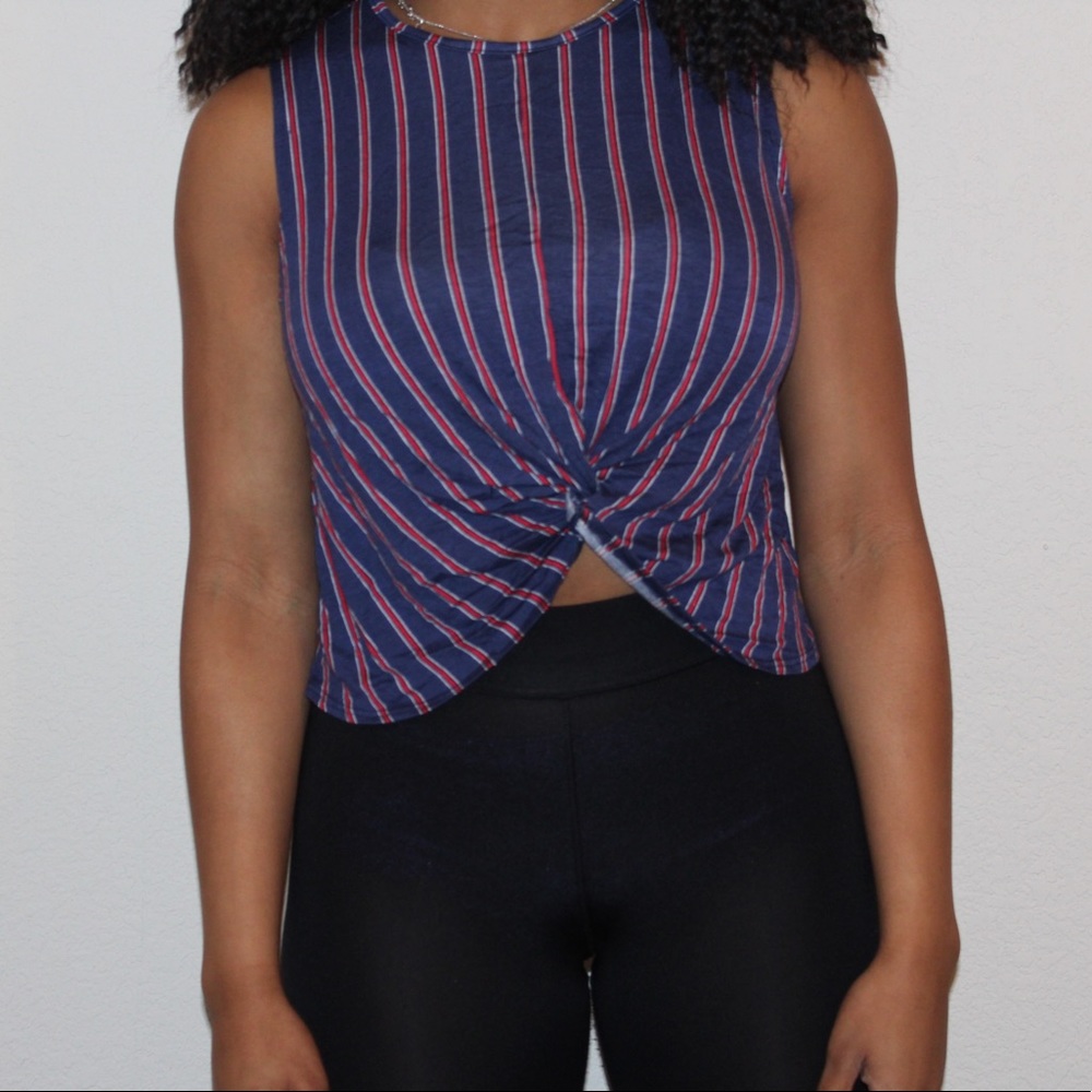 Navy blue, red, and white striped tie crop top